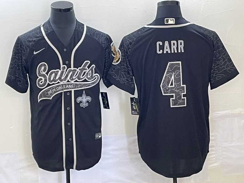 Mens New Orleans Saints #4 Derek Carr Black Reflective With Patch Cool Base Stitched Baseball Jersey